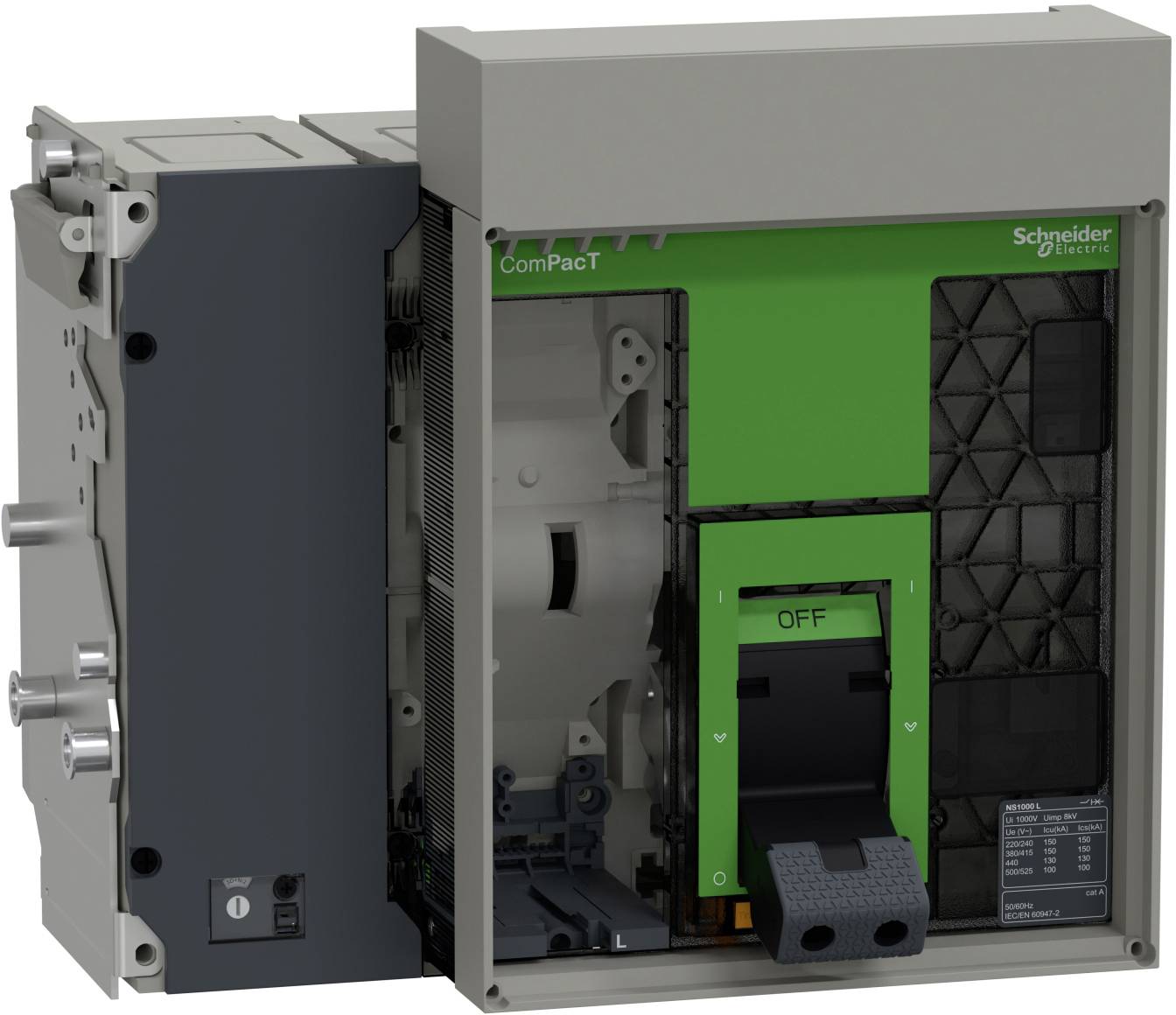 Offener Schneider Electric ComPacT-Leitungsschutzschalter mit grünem EIN/AUS-Indikator und sichtbaren internen Komponenten.