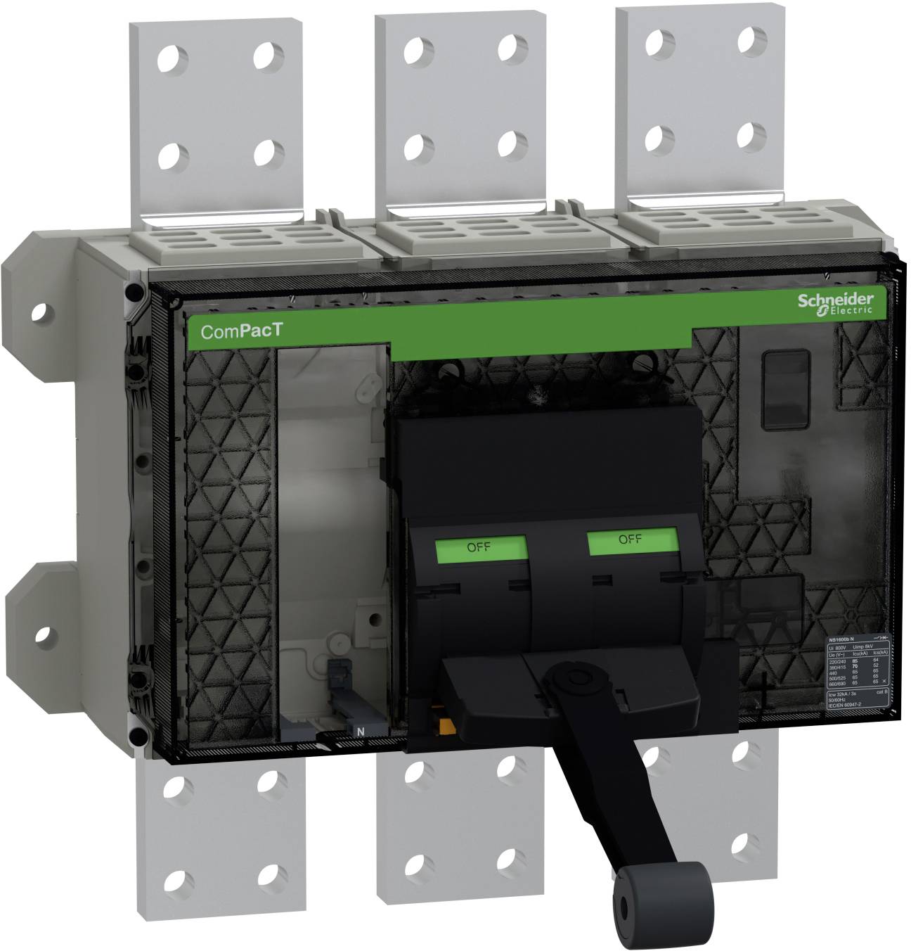 Schneider Electric ComPacT Leitungsschutzschalter mit schwarzem Hebel und silbernen Montageklammern.