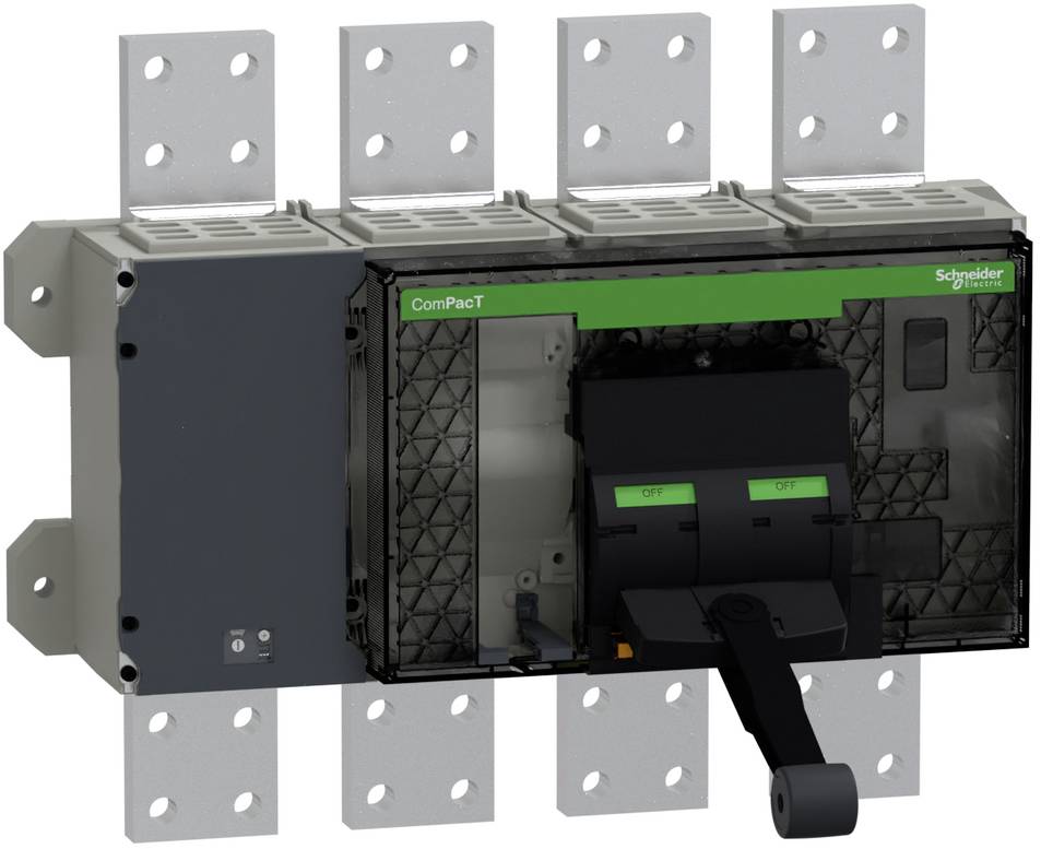 Schneider Electric ComPacT-Schutzschalter auf einem Metallschaltschrank montiert, mit vorderem Betätigungsgriff und durchsichtiger Abdeckung.
