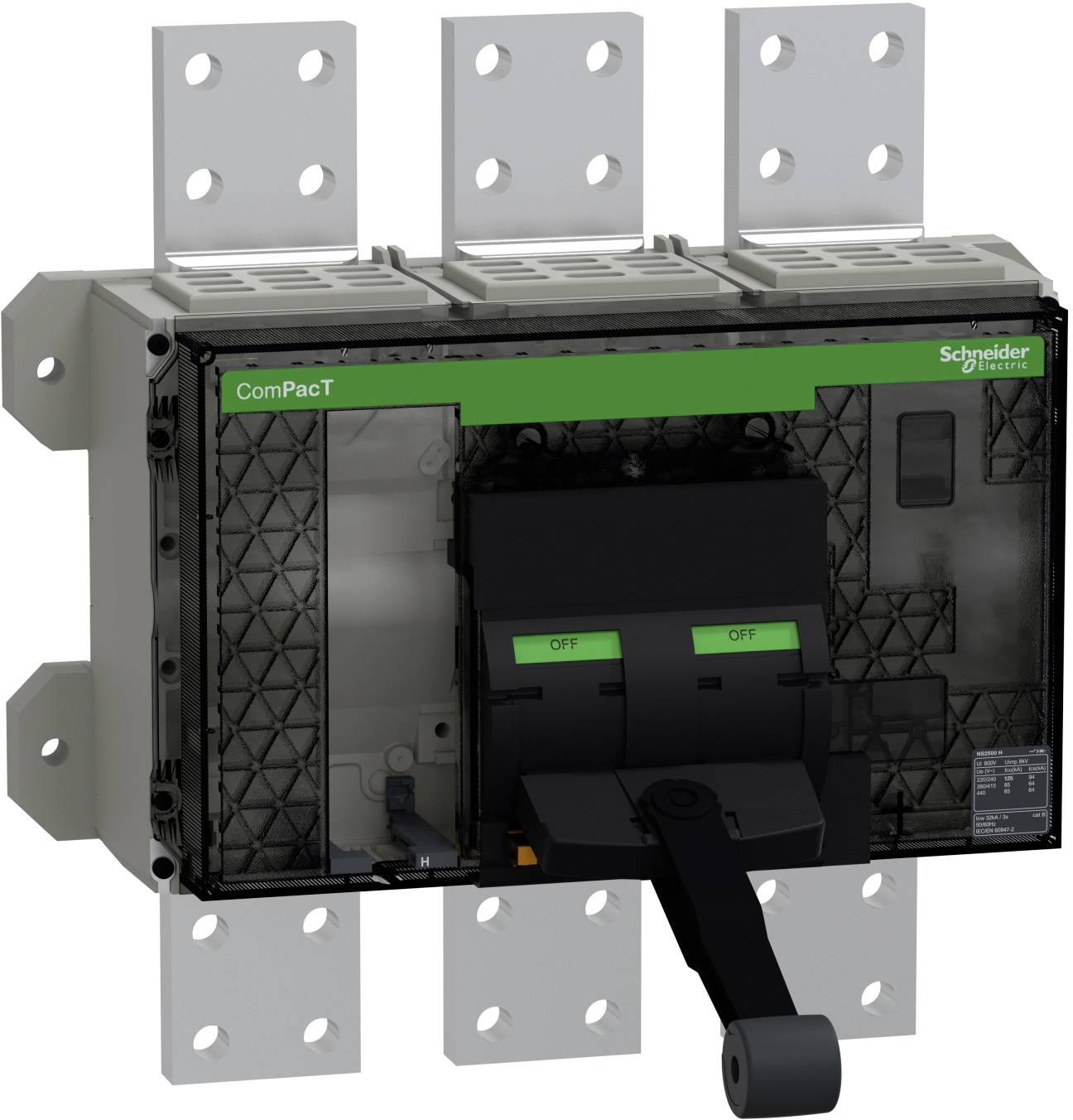 Schneider Electric ComPacT Elektroschutzschalter mit schwarzer Frontabdeckung, grünem Etikett und manuell betätigtem Betätigungshebel montiert auf Metallhalterungen.