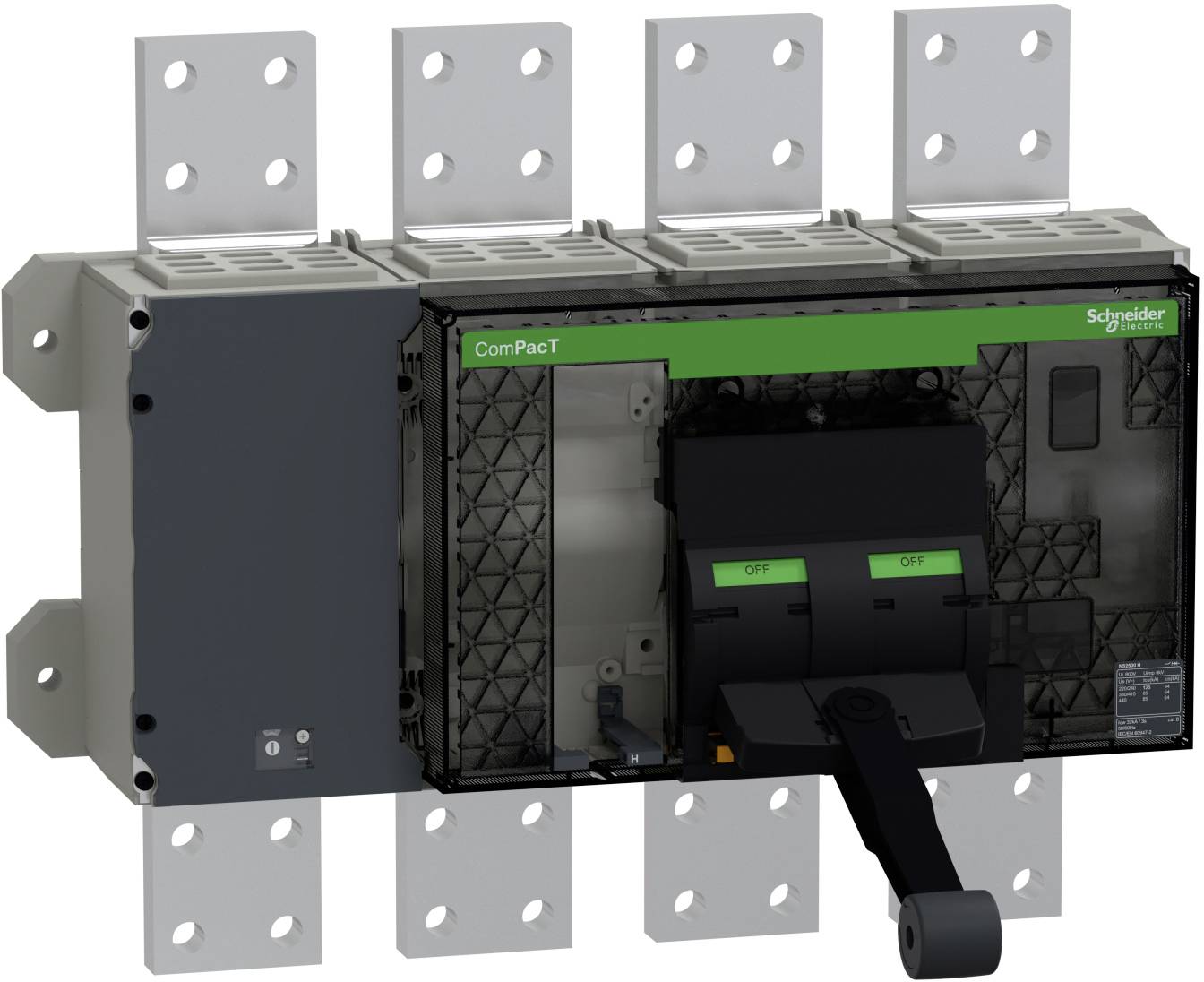 Schneider Electric ComPacT-Leistungsschalter mit schwarzem manuellem Betätigungshebel und an einem Metallschaltschrank befestigten Befestigungswinkeln.