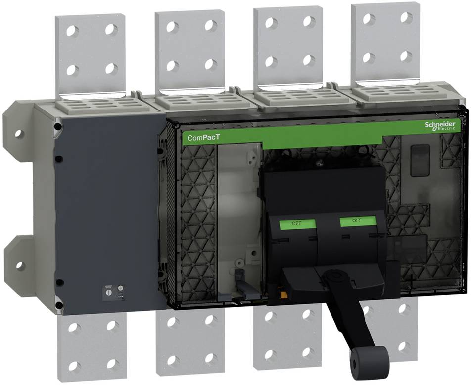 Schneider Electric ComPacT Leistungsschalter mit vier Befestigungswinkeln und schwarzem Betätigungsgriff.