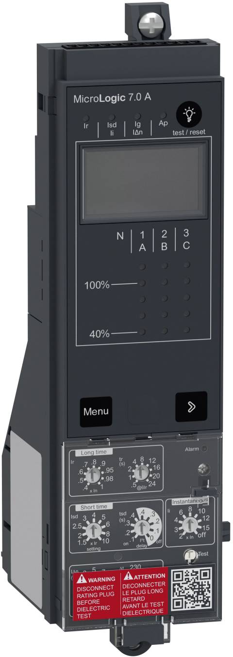 Foto eines MicroLogix 7.0 A Industrie-Controllers mit Frontanzeige, Modusschaltern, Einstellreglern, Warnaufkleber und QR-Code.