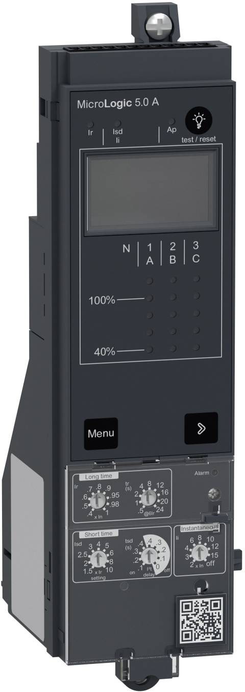 Vorderansicht einer MicroLogic 5.0 A Auslöseeinheit für Leistungsschalter mit Display, Menütaste, Einstellreglern und QR-Code.