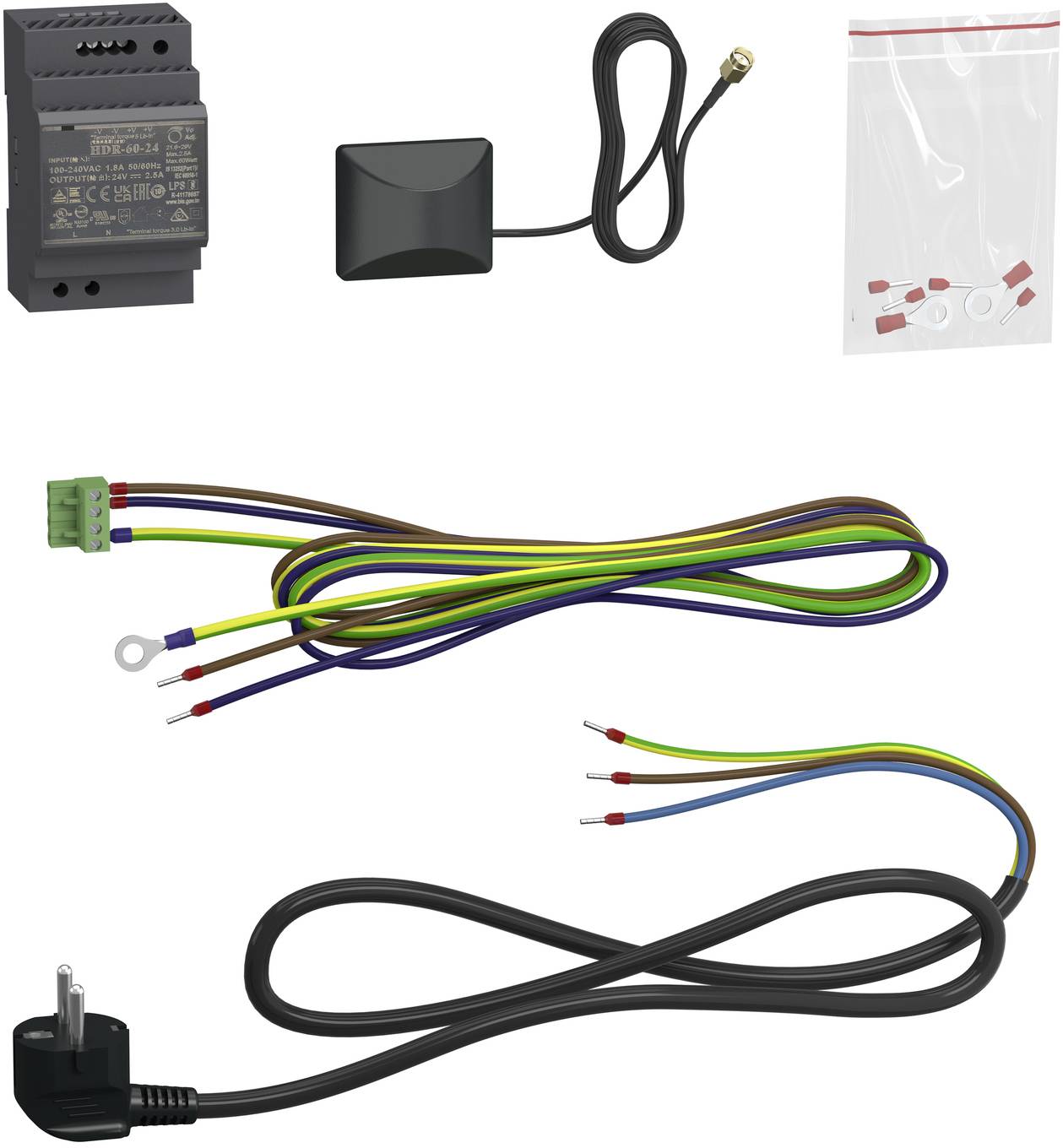 Verschiedene elektronische Bauteile und Kabel: Stromadapter, Antennenmodul, Steckverbinder, Kabelbaum und Stromkabel.