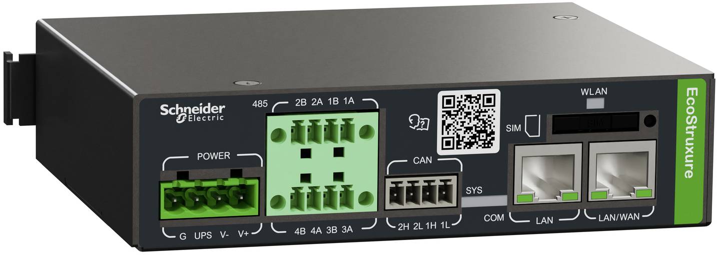 Frontansicht eines Schneider Electric EcoStruxure Industrial Communication-Moduls mit beschrifteten Anschlüssen für Stromversorgung, CAN, COM, SIM und dualen LAN/WAN-Anschlüssen sowie einem QR-Code.