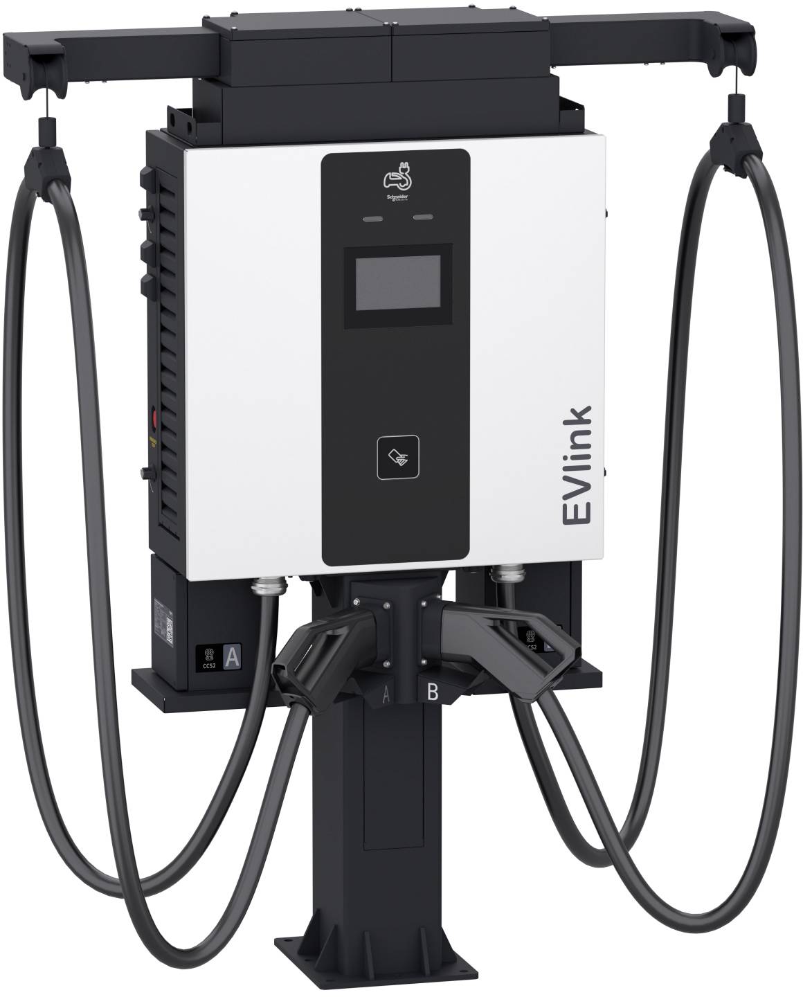 Wandmontierte EViLink-Ladestation für Elektrofahrzeuge mit zwei hängenden Ladekabeln und zentralem Bedienfeld.