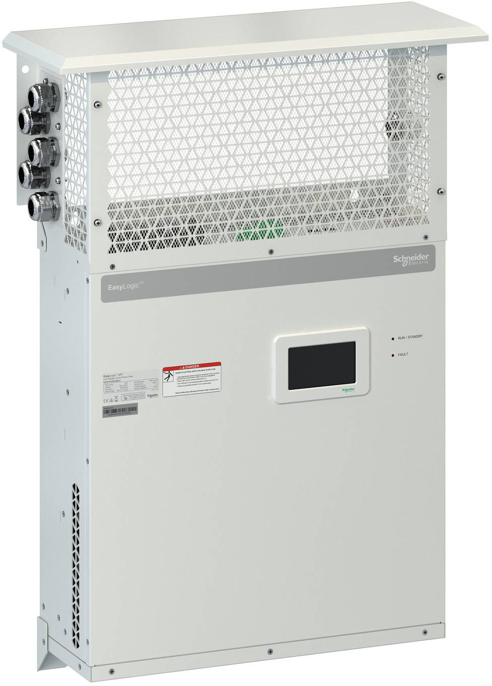 Wandmontierte Schneider Electric Batteriesicherungseinheit mit belüftetem oberen Gitter, Seitensteckern und kleinem vorderen Anzeigefeld.