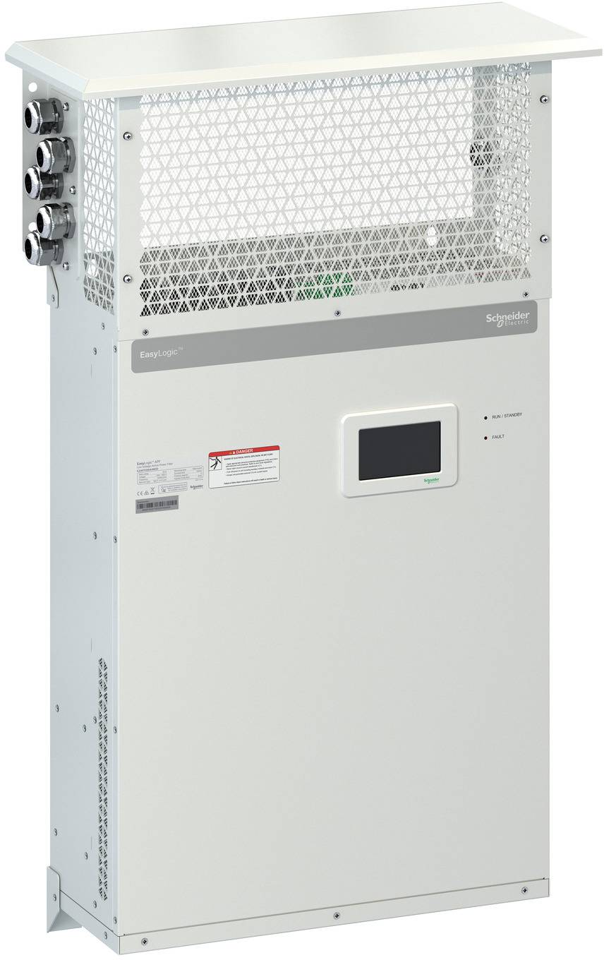 Wandmontierter Schneider Electric Elektrische Steuerschrank mit belüftetem Oberpaneel, Seitensteckern, kleinem Display und Kontrollleuchten.