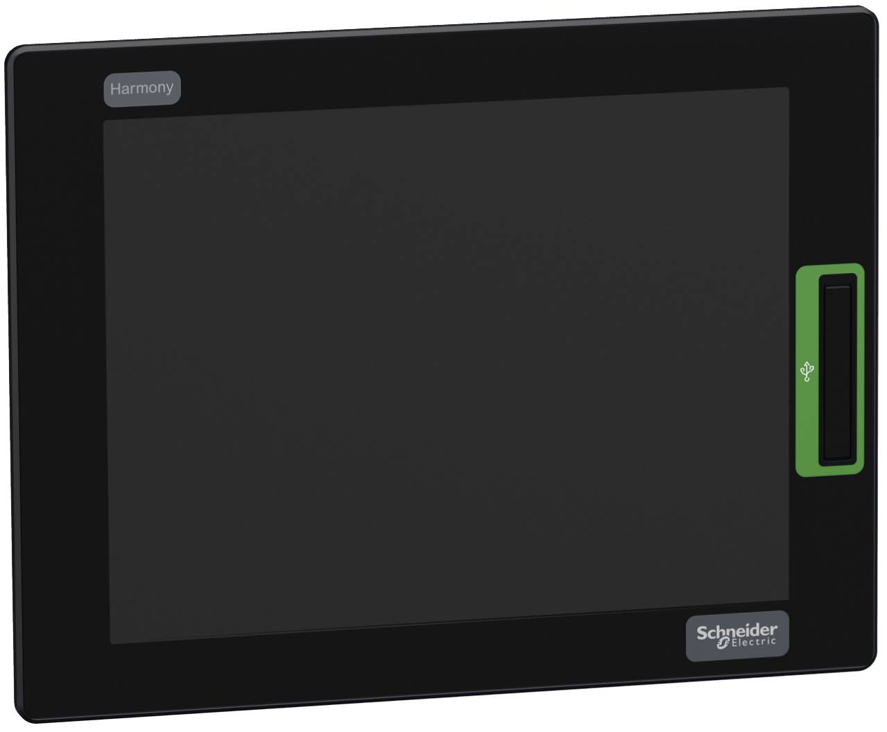 Schwarzes Schneider Electric Harmony Touchscreen-Panel mit leerer Anzeige und grünem Seitenport