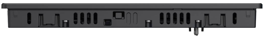 Vorderansicht eines schlanken, schwarzen Rack-Mount-Servers oder Switches mit einer Reihe von Anschlüssen, Lüftungsöffnungen und Anzeigeöffnungen auf der Frontplatte.