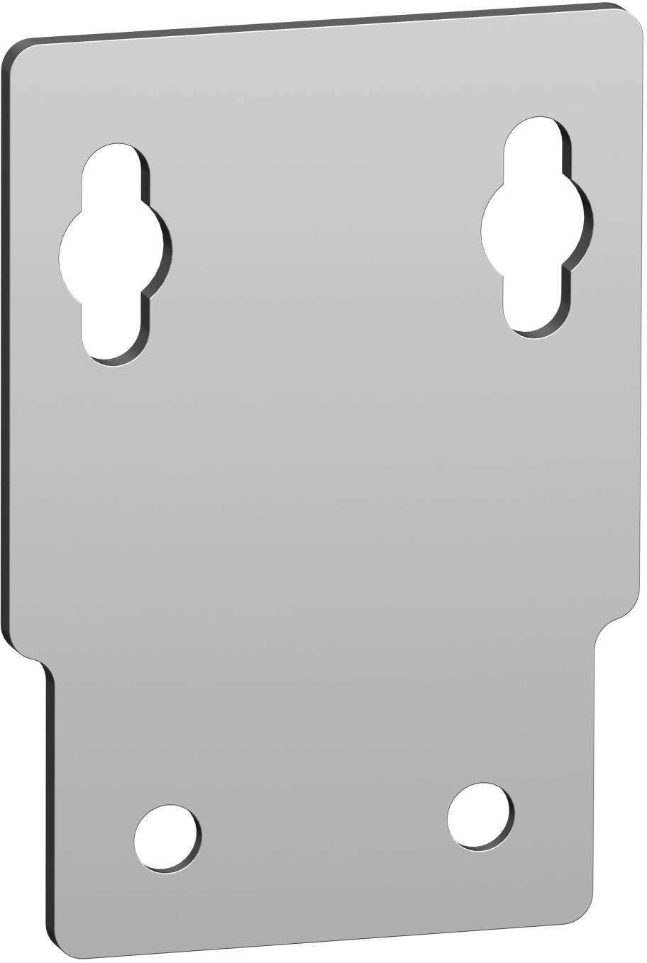 Graue Metallmontageplatte mit zwei Schlüssellochschlitzen oben und zwei Schraubenlöchern unten.