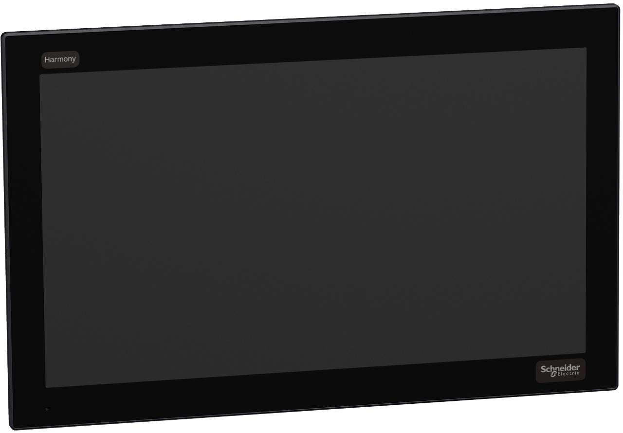 Schwarzes Schneider Electric Harmony Touchscreen-Panel mit leerem Display und Branding in den Ecken.