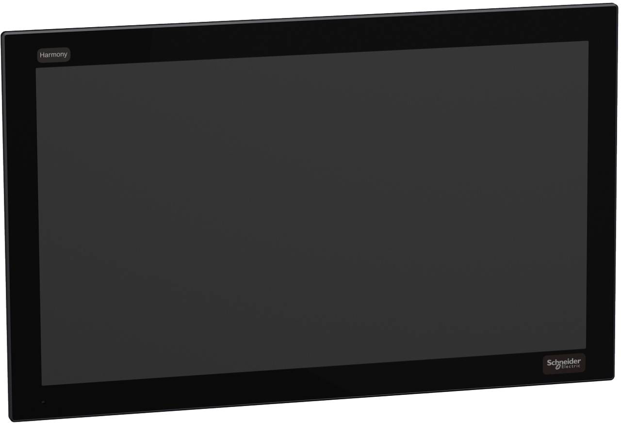 Schwarzes Schneider Electric Harmony Touchscreen-Panel mit leerem dunklem Display und breitem Rahmen.