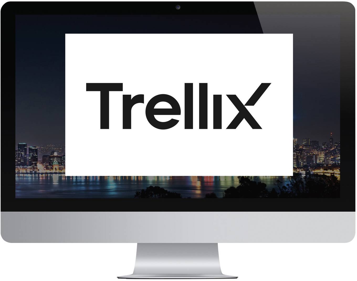Ein Computermonitor zeigt das Trellix-Logo auf einem weißen Bildschirm vor einem Stadtbild-Hintergrund an.