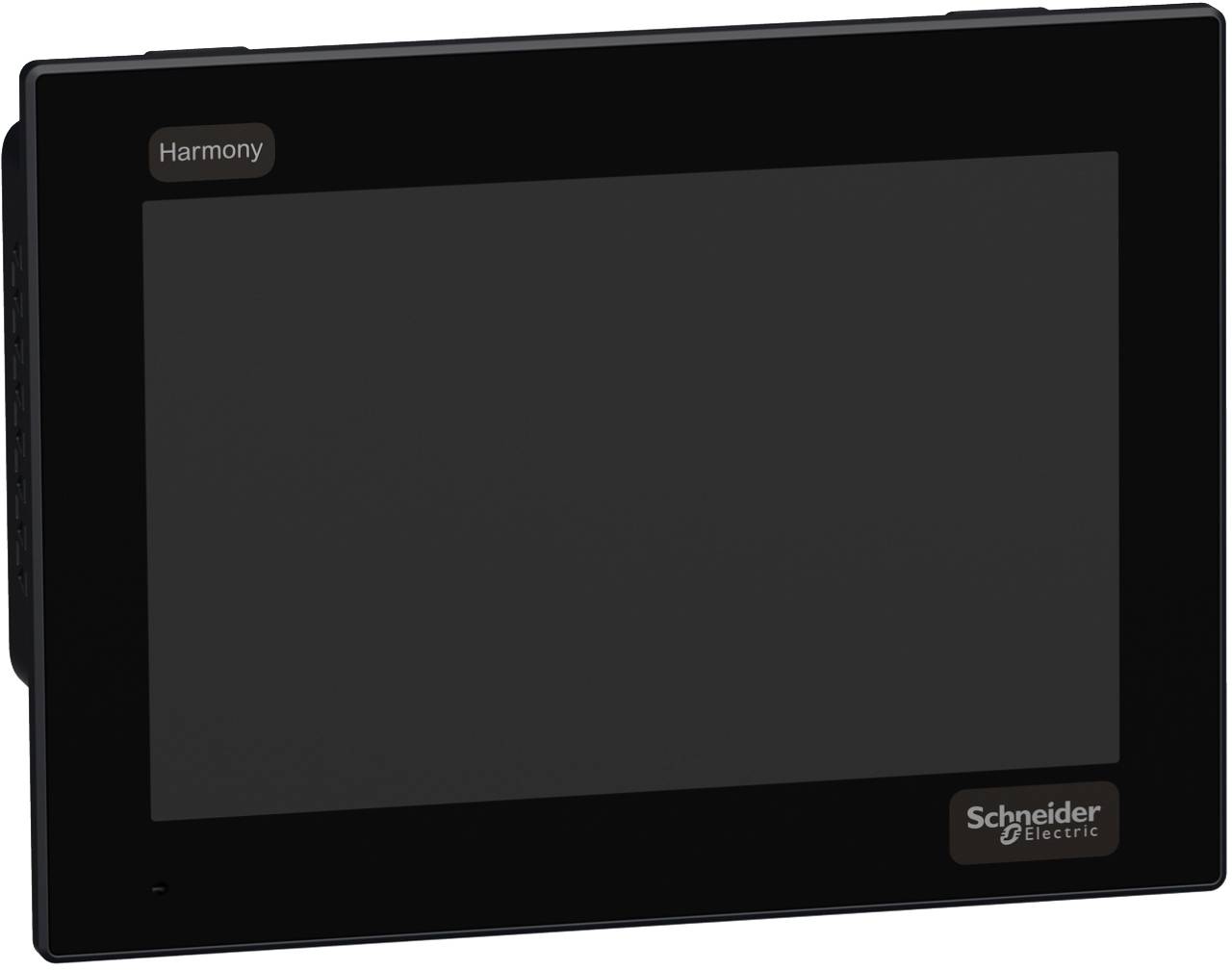 Schwarzes Schneider Electric Harmony Touchscreen-HMI-Bedienfeld mit leerem Display