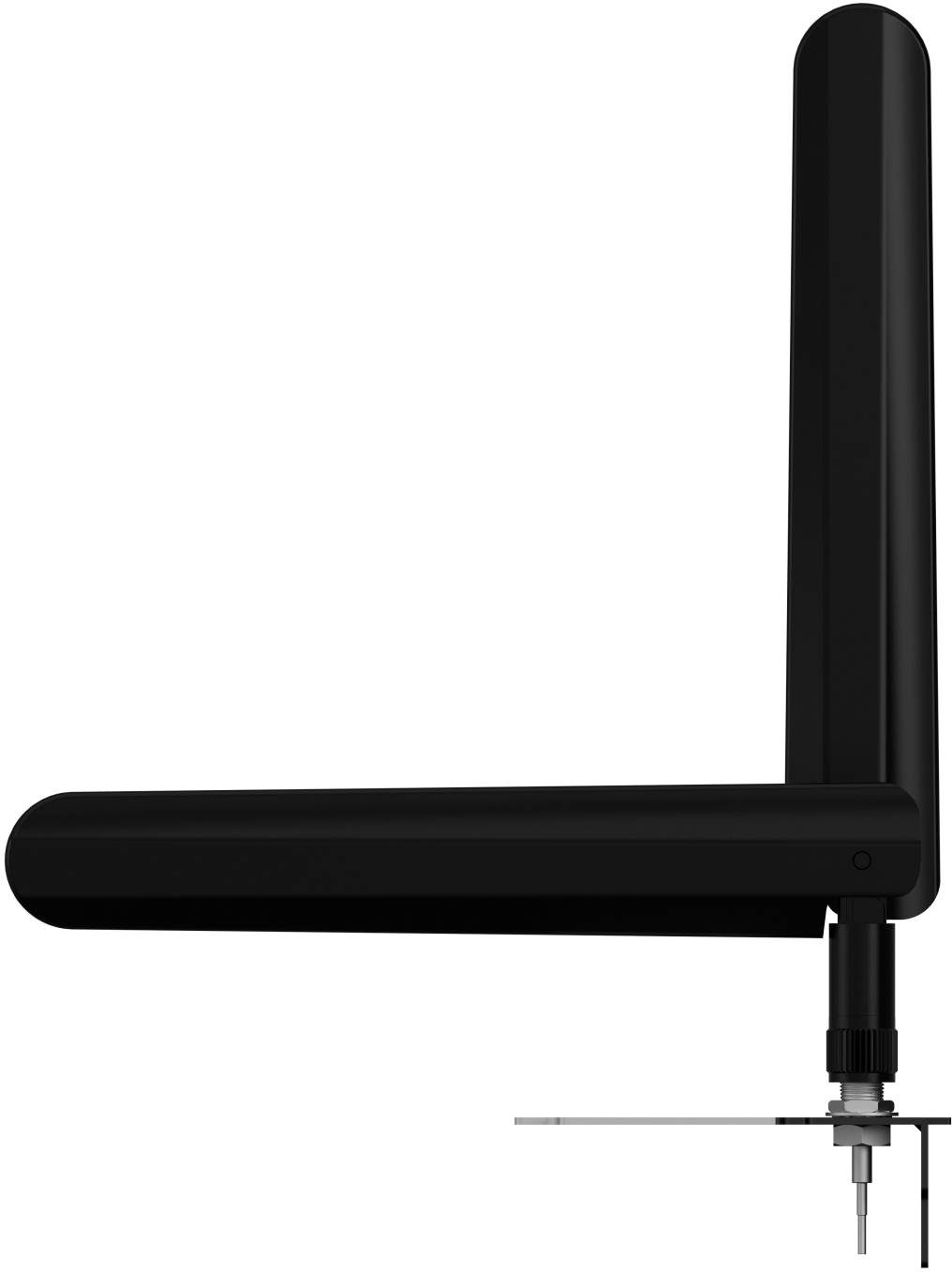 Schwarze L-förmige Antenne mit horizontal ausgerichtetem Arm und vertikalem Mast auf weißem Hintergrund, zeigt einen kleinen Anschluss und ein Kabel an der Basis.