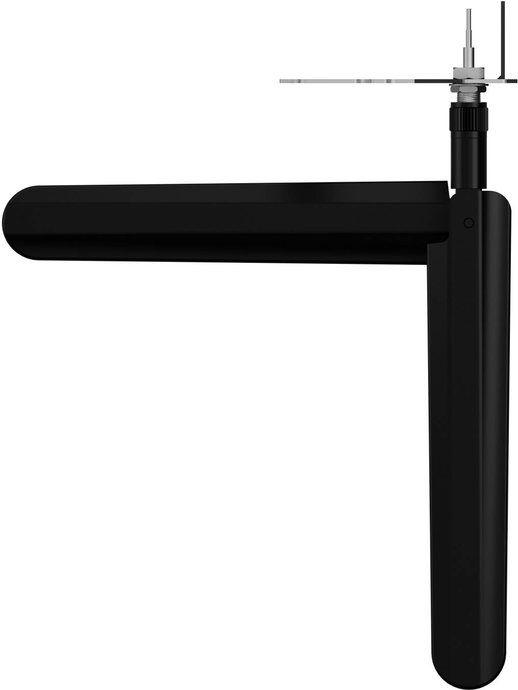 Schwarze zylindrische Antenne, horizontal auf einer vertikalen Basis montiert, mit einem dünnen Metallstab und federartigen Anschluss oben.
