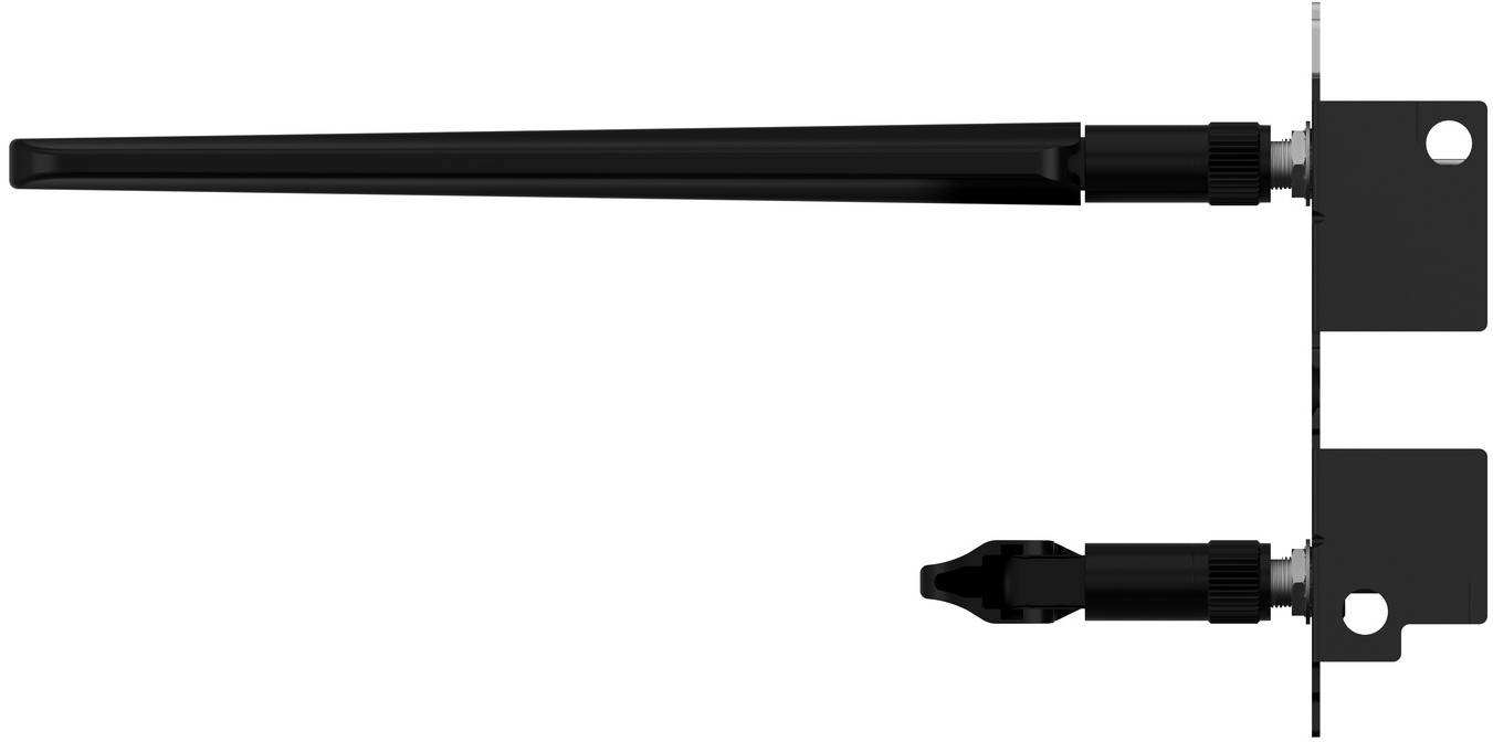 Schwarze koaxiale Antenne mit zwei Steckverbindern auf einer Metallhalterung montiert, auf weißem Hintergrund dargestellt.