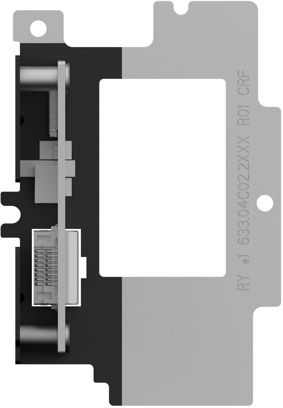 Nahaufnahme einer metallischen mechanischen Komponente mit einem zentralen rechteckigen Ausschnitt und sichtbarer interner Feder-/Zahnradanordnung auf der linken Seite.