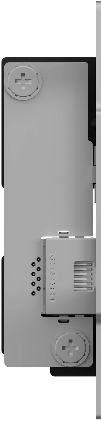 Nahaufnahme eines grauen Metallmaschinenpanels mit zwei kreisförmigen Befestigungselementen, belüftetem Seitenmodul und kleinen Anzeigelöchern.
