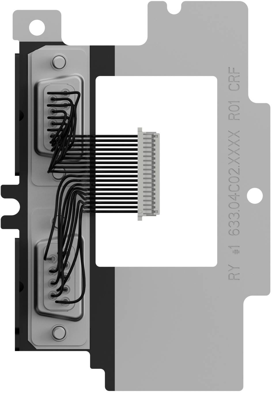 Nahaufnahme eines kleinen metallischen elektronischen Steckers oder Sensormoduls mit einem Flachbandkabel und gedruckter Teilenummer auf einer grauen Halterung.