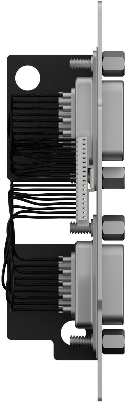 Nahaufnahme eines schwarzen Elektronik-Steckers oder einer Leiterplatteneinheit mit vielen dünnen Drähten auf der linken Seite und metallischer Befestigungshardware auf der rechten Seite.
