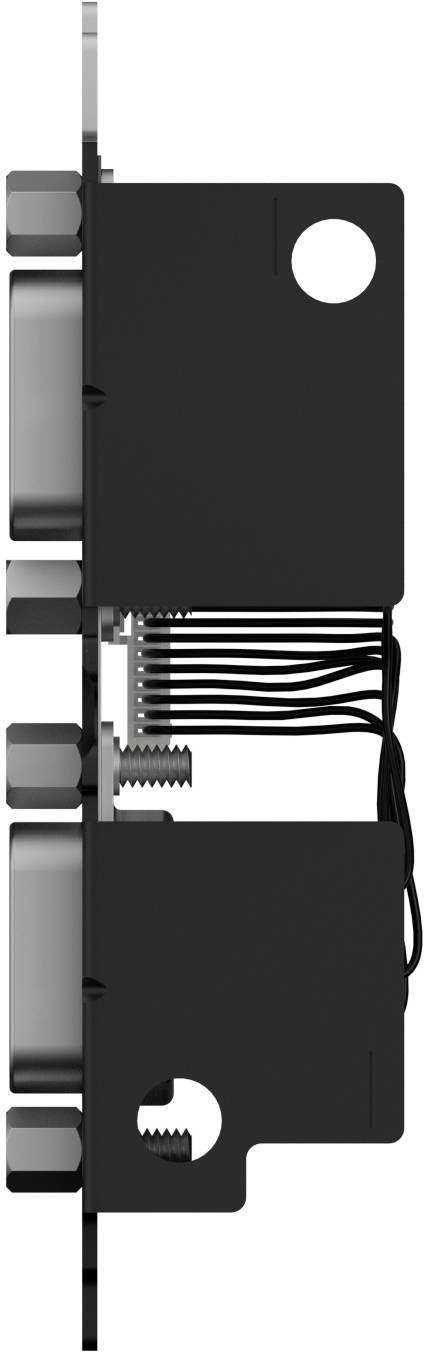 Seitenansicht eines schwarzen elektronischen Moduls oder Anschlussblocks mit mehreren Anschlüssen auf der linken Seite und mehreren Kabeln, die aus der Mitte und den rechten Kanten austreten.