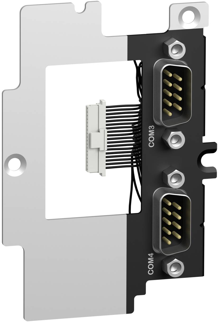 Metallhalterung mit zwei D-Sub-Steckverbindern mit den Bezeichnungen COM3 und COM4 und einem angeschlossenen Flachbandkabelstecker.