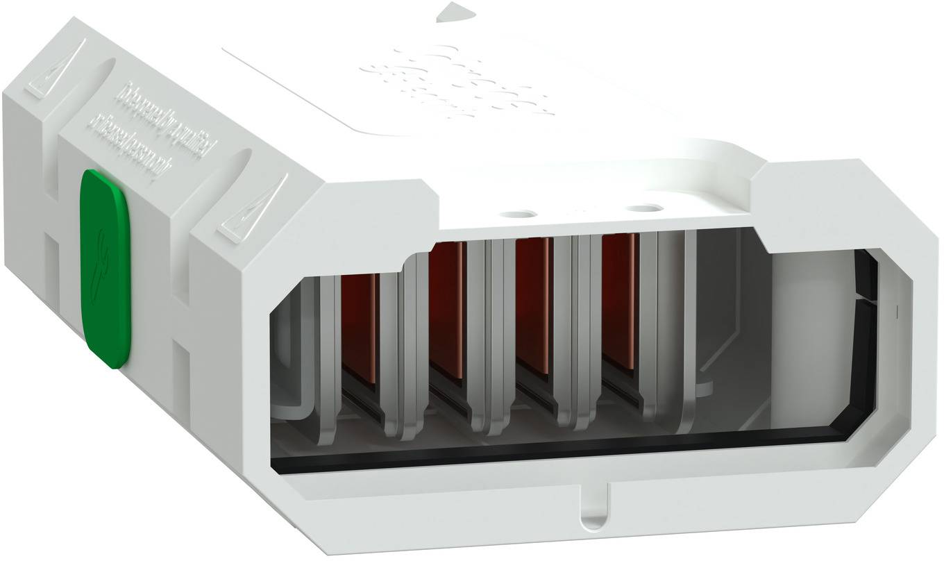 3D-Darstellung eines weißen rechteckigen Elektrosteckergehäuses mit roten und grauen internen Kontakten, perspektivisch auf weißem Hintergrund dargestellt.