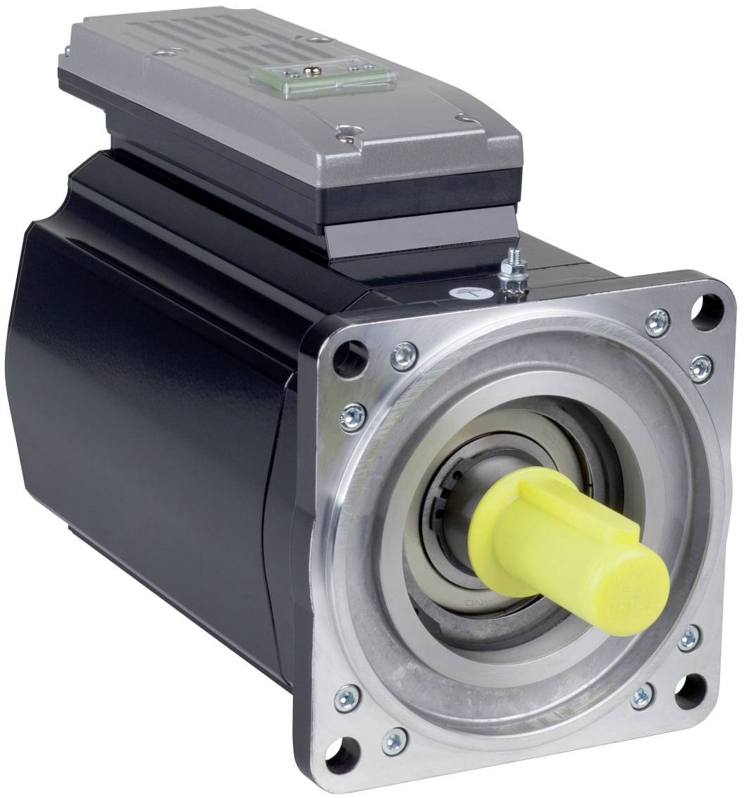 Industrieller Elektromotor mit einer gelben Wellenkupplung und quadratischem Metallanschlussflansch auf weißem Hintergrund.