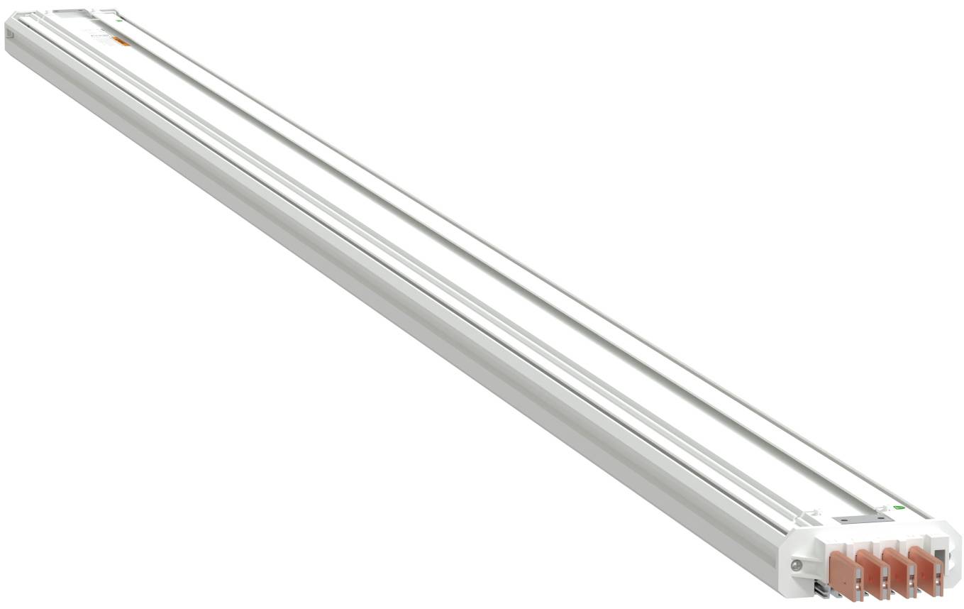 Langes lineares LED-Leuchtengehäuse mit weißem Gehäuse und orangefarbenen Endsteckern, diagonal auf einfachem weißem Hintergrund dargestellt.