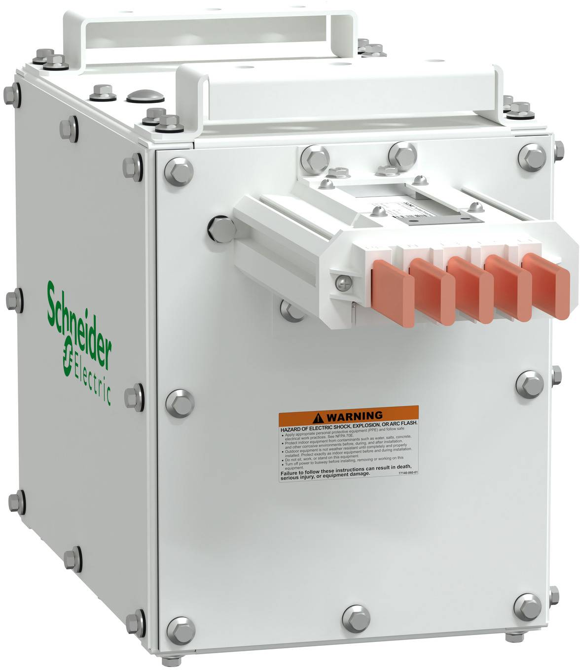 Industrielle Schneider Electric Elektroverteilung mit frontseitig montiertem Anschlussblock und orangefarbenem Warnschild.