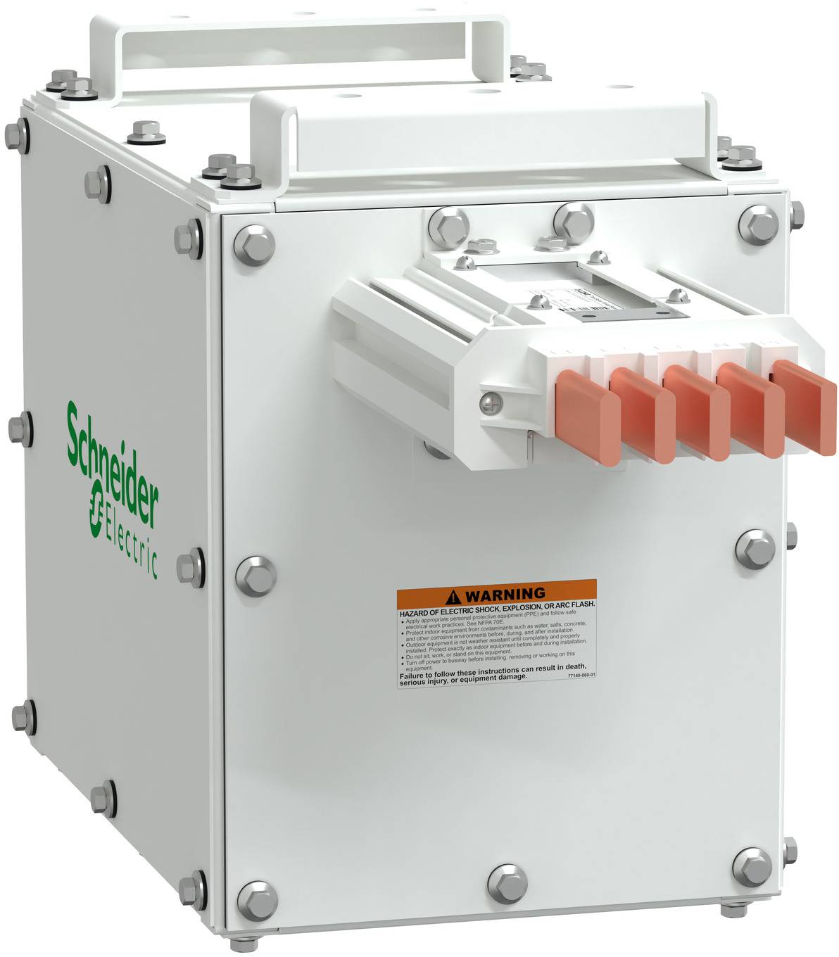 Ein Schaltschrank von Schneider Electric mit orangefarbenen Anschlussklemmen an der Vorderseite und einem Warnschild.