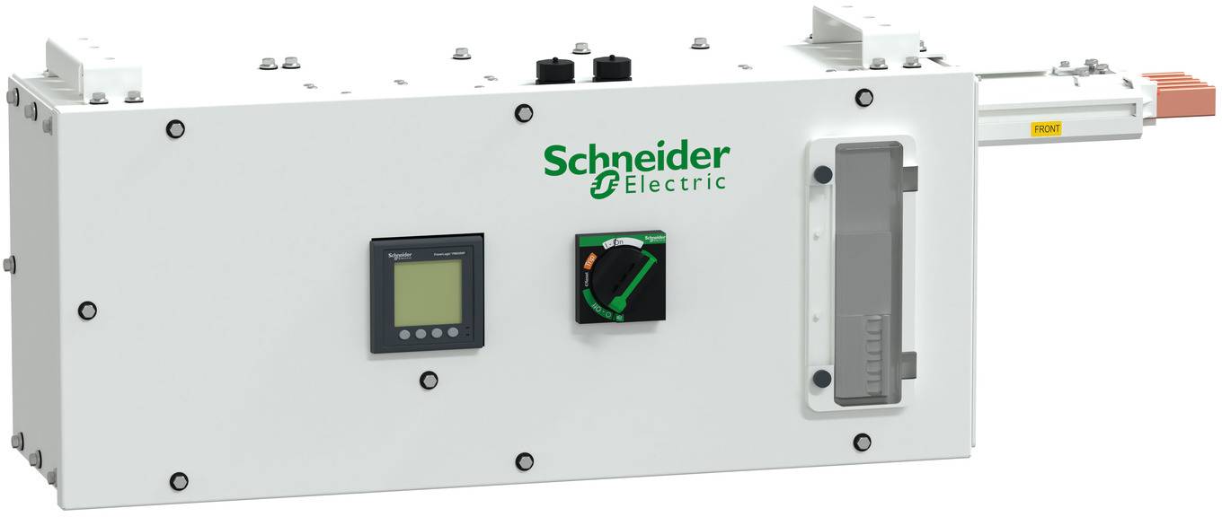 Schneider Electric Elektrosteuerschrank mit Display, Statusanzeige und Seitenbügel auf einer weißen Industrieeinheit.