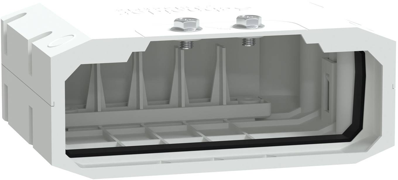 Schnittansicht eines rechteckigen Elektrosteckergehäuses mit inneren Kontakten und Befestigungspfosten.