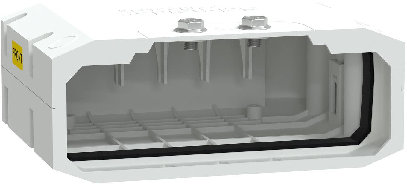Querschnitt eines weißen Gehäuses für einen elektrischen Stecker mit leerem Innenraum, sichtbaren Metallkontakten und erkennbaren Befestigungsstiften.