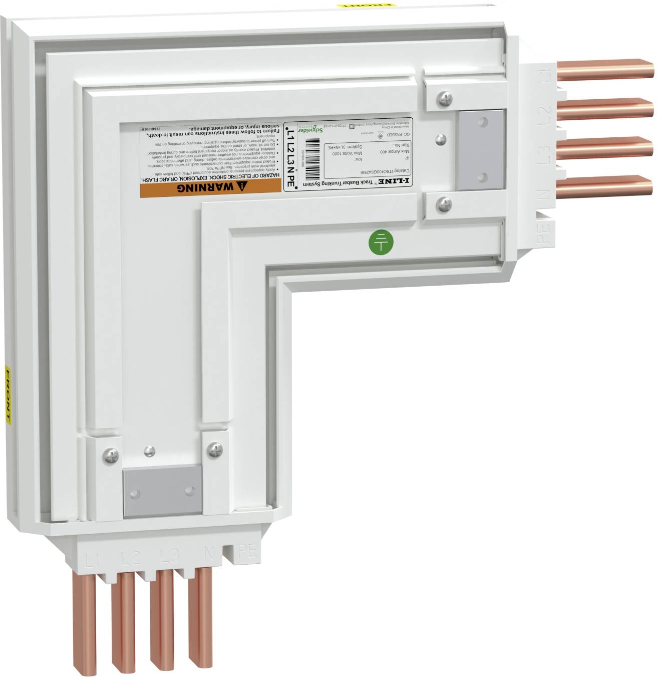 Weißer L-förmiger elektrischer Verteilungskasten oder Kabelverbinder mit Kupferdrähten, die ein- und austreten, isoliert auf weißem Hintergrund dargestellt.