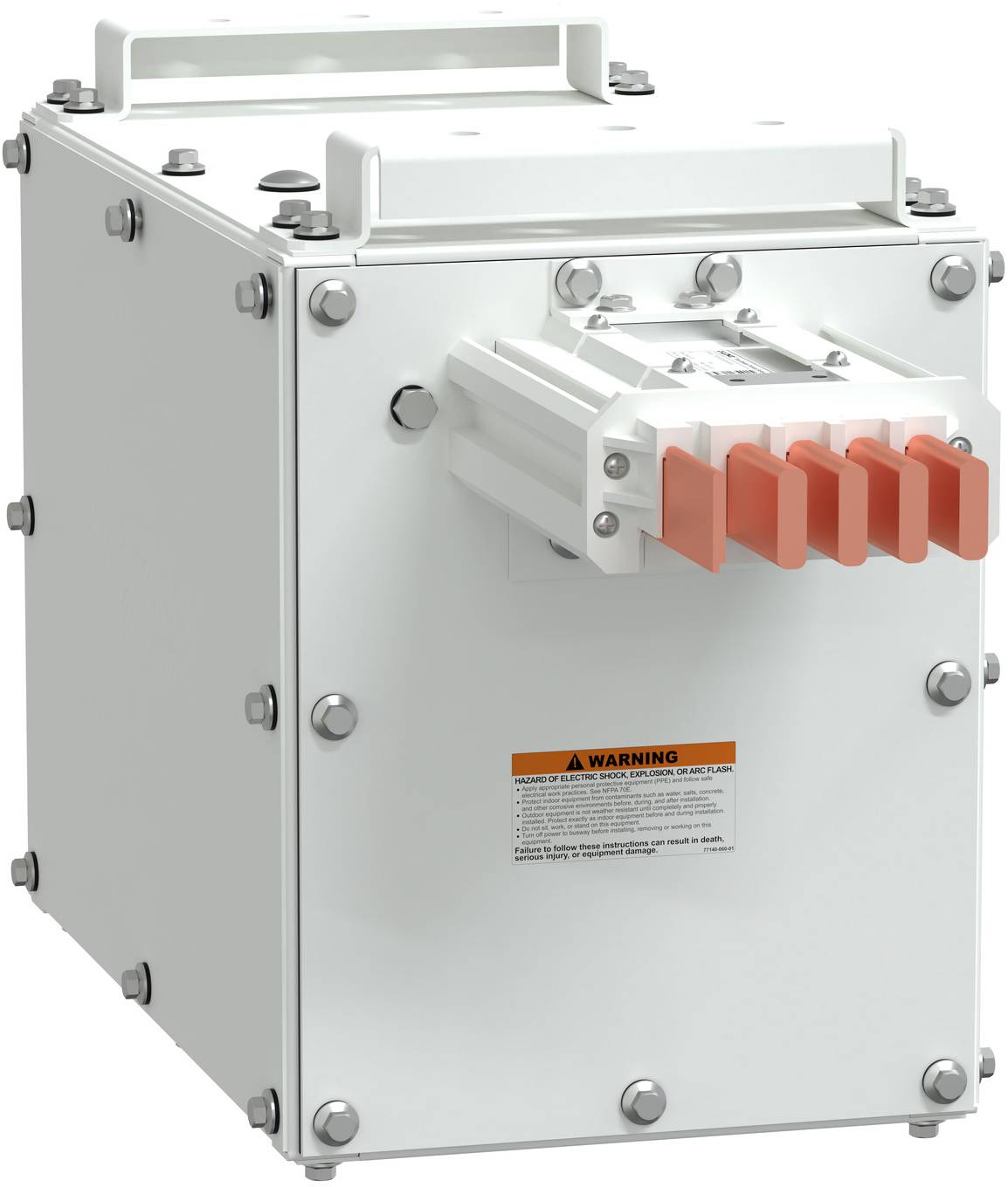 Großer industrieller Metallschaltschrank mit Warnetikett und einem frontseitig montierten Anschlussblock mit orangefarbigen Anschllussklemmen.