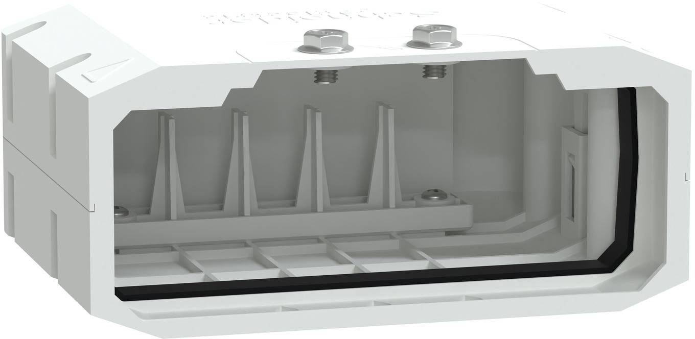 Schnittansicht eines grauen industriellen Steckverbindergehäuses mit inneren Metallkontakten, Federn und einer schwarzen Dichtungsdichtung.