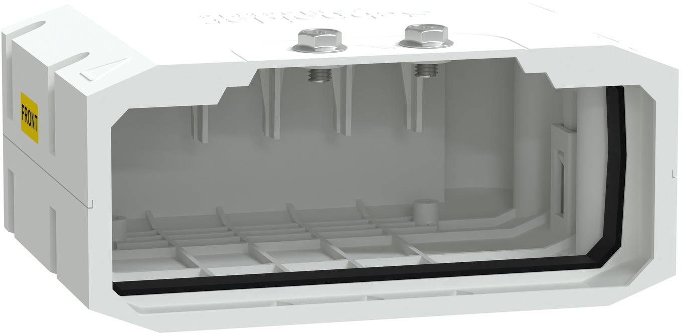 Schnittansicht eines rechteckigen elektrischen Steckgehäuses mit internen Kontakten und einer schwarzen Dichtungsdichtung.