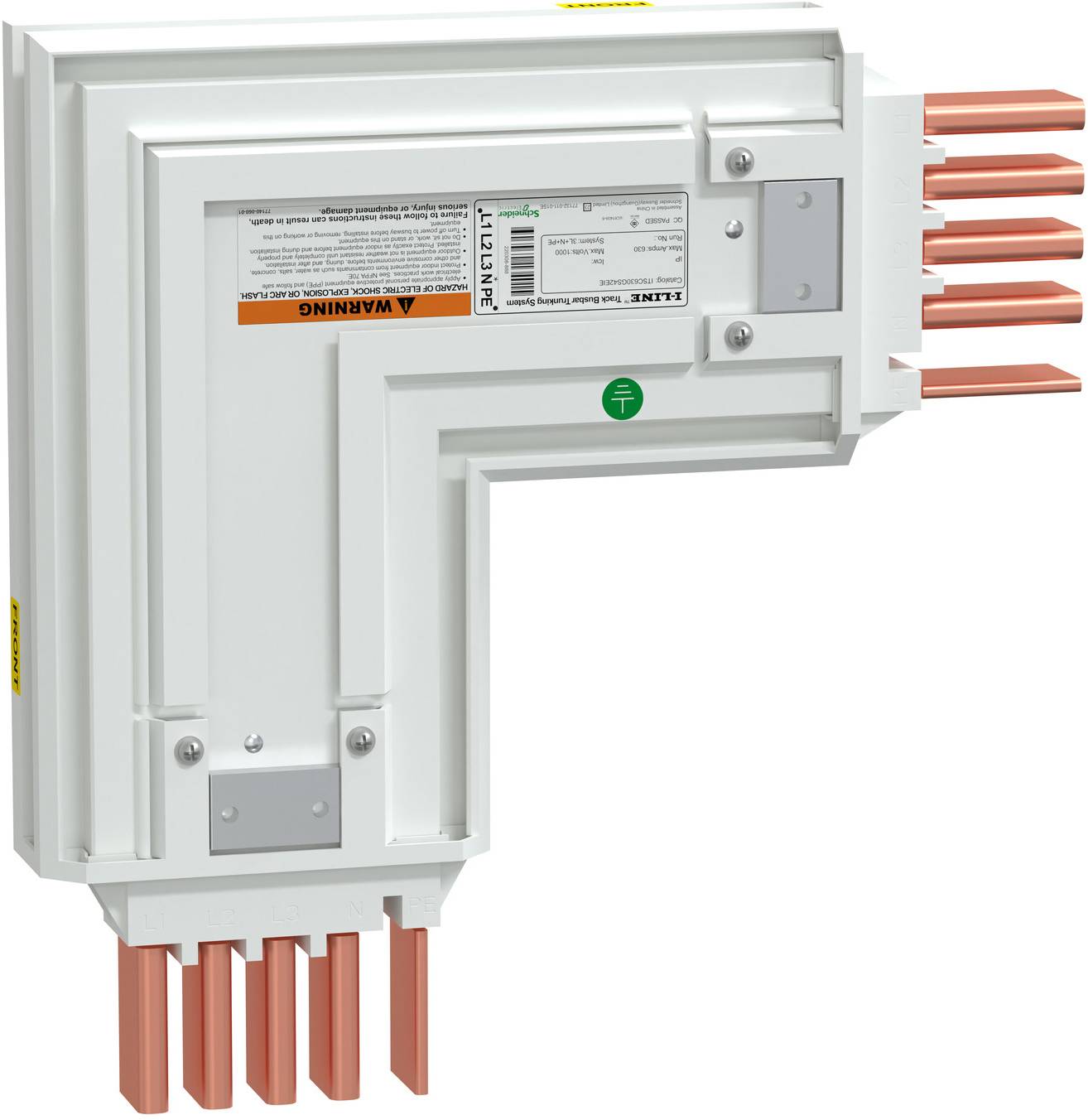 Weiße L-förmige Elektroanschlusskomponente mit kupferfarbigen Steckkontakten, in Nahaufnahme vor neutralem Hintergrund gezeigt.