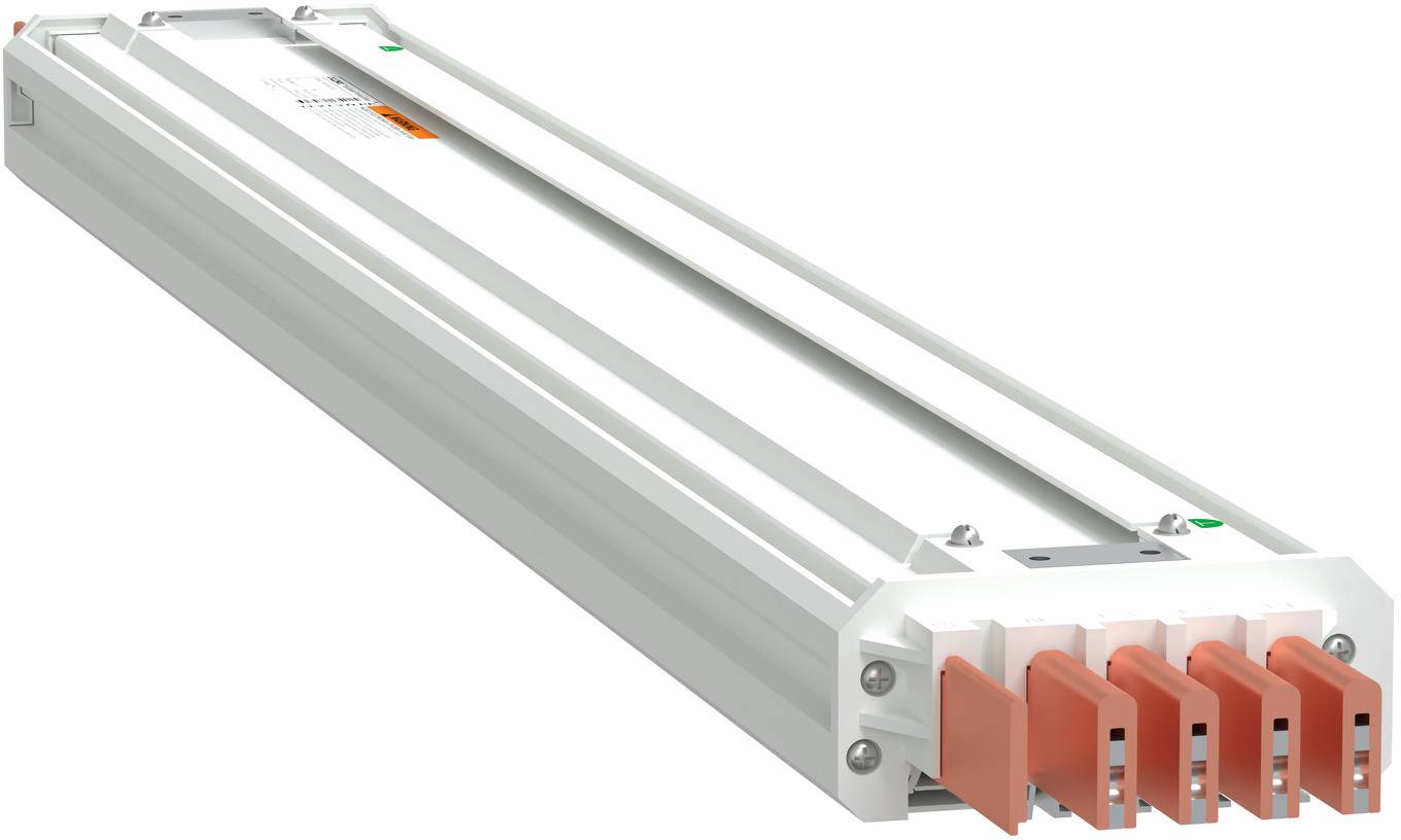 Mehrfaser-Glasfaserkabelstecker mit fünf orangefarbenen Steckern in einem weißen Metallgehäuse.