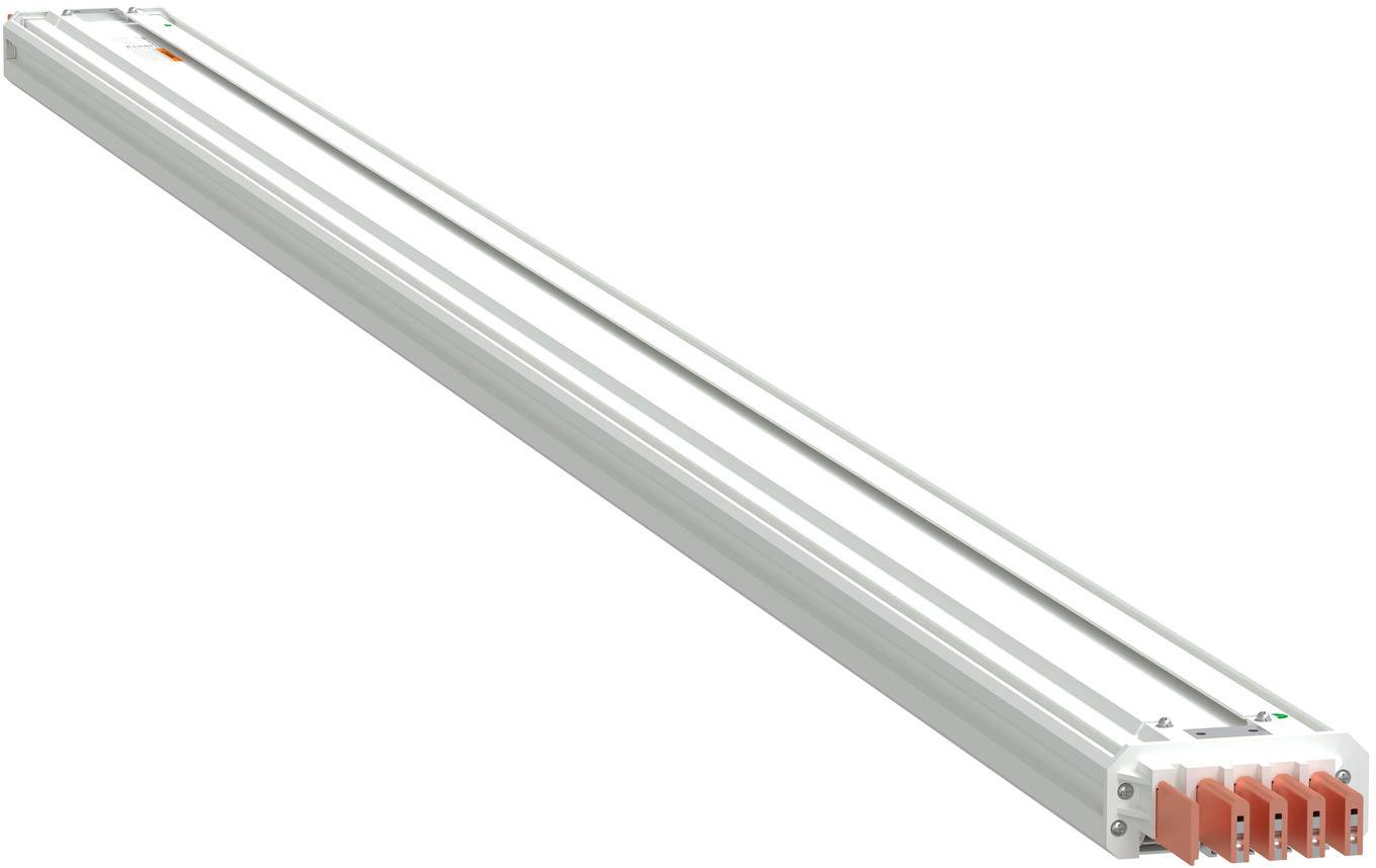 Lange Aluminium-Linearleuchte mit mehreren orangefarbenen elektrischen Steckverbindern an einem Ende, gezeigt auf weißem Hintergrund.