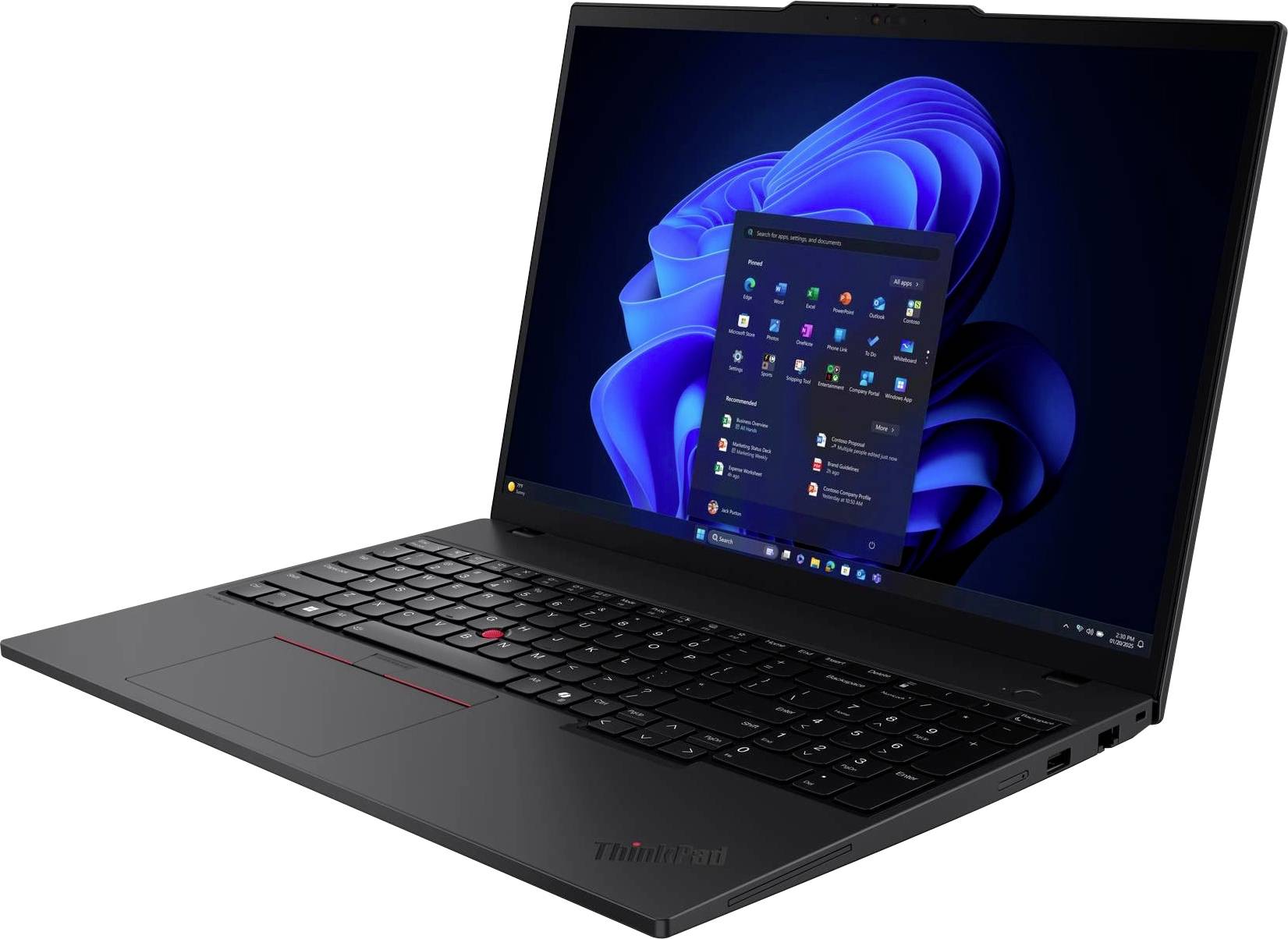 Schwarzer ThinkPad-Laptop, der in einem Winkel offen ist und den Windows 11-Desktop sowie das Startmenü auf dem Bildschirm zeigt.