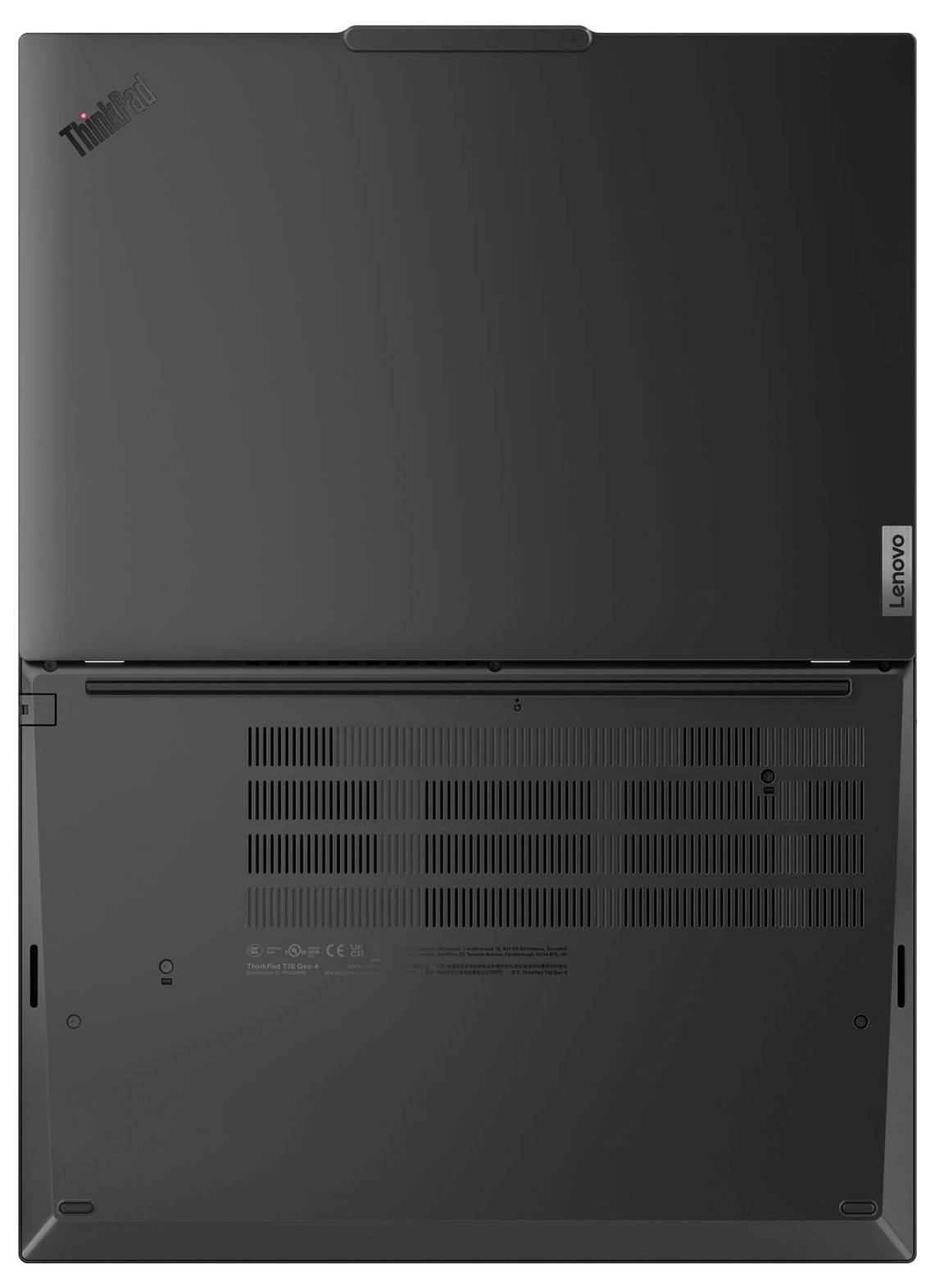 Draufsicht auf einen geschlossenen Lenovo ThinkPad Laptop, der die schwarze Unterseite mit Lüftungsöffnungen und einem Scharnier entlang der hinteren Kante zeigt.
