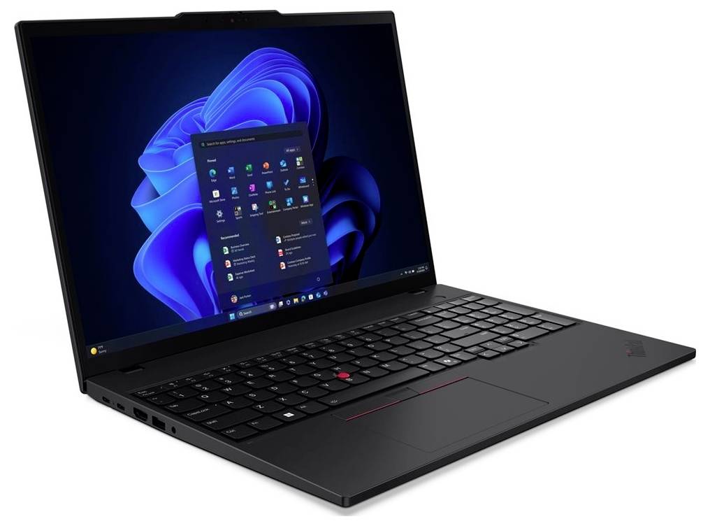 Schwarzer Lenovo ThinkPad-Laptop, der auf weißem Hintergrund geöffnet ist und den Windows 11-Desktop und das Startmenü auf seinem Bildschirm zeigt.