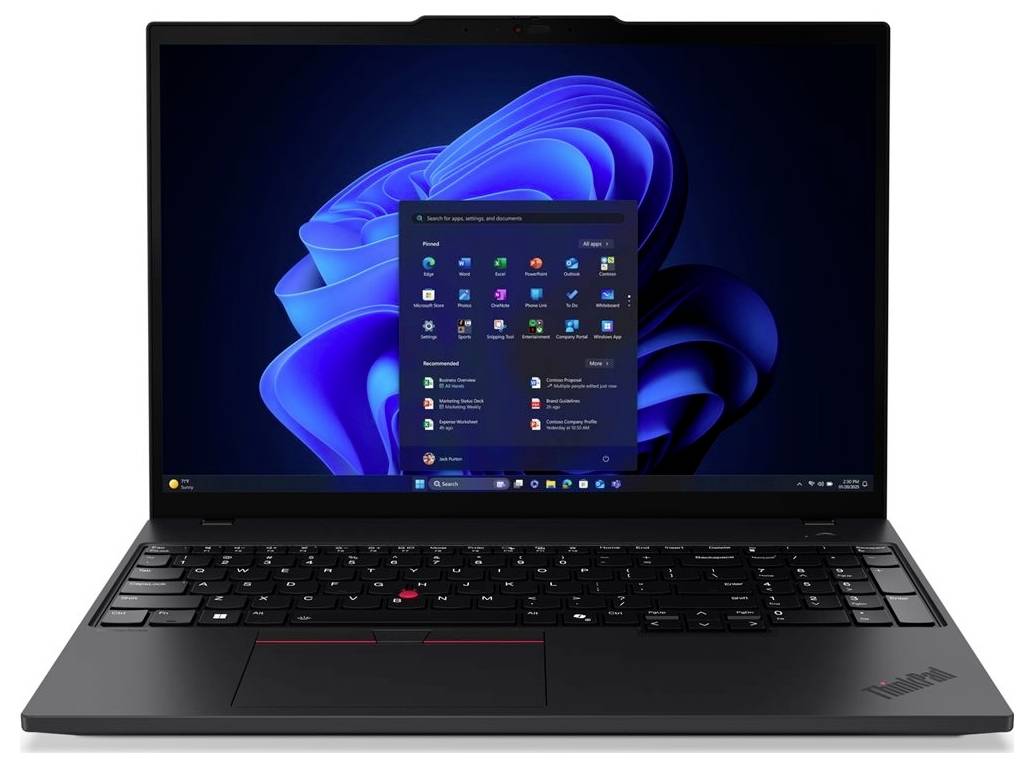 Ein schwarzer Lenovo ThinkPad-Laptop, der den Windows 11-Desktop mit geöffnetem Startmenü anzeigt.