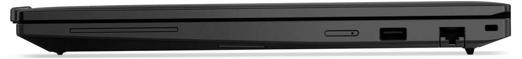 Seitenansicht eines geschlossenen schwarzen Laptops, die die Vorderkante mit Anschlüssen und Statusöffnungen zeigt, einschließlich eines USB-Anschlusses und eines Kartensteckplatzes.