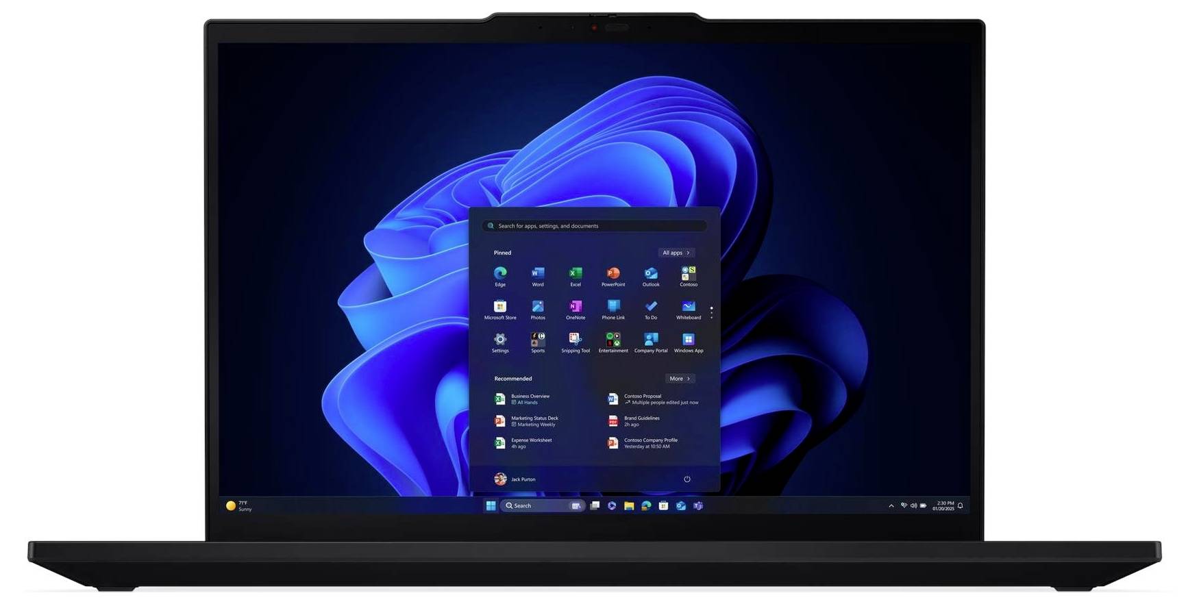 Ein Laptop, der den Windows 11-Desktop mit dem geöffneten Startmenü über einer blauen abstrakten Tapete anzeigt.